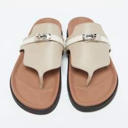 Hermes Beige/White Leather Empire Flat Sandals Size 40