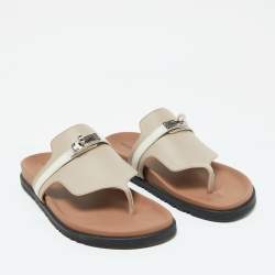 Hermes Beige/White Leather Empire Flat Sandals Size 40