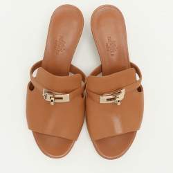 Hermes Tan Leather Candy Slide Sandals Size 36.5