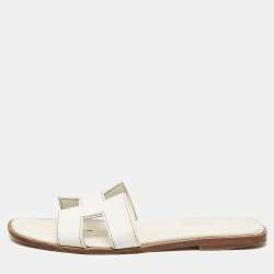 Hermes White Leather Oran Flat Slides Size 37.5