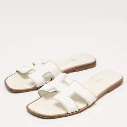 Hermes White Leather Oran Flat Slides Size 37.5