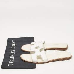 Hermes White Leather Oran Flat Slides Size 37.5