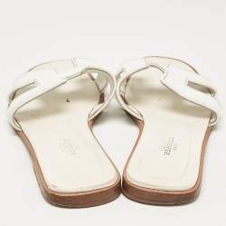 Hermes White Leather Oran Flat Slides Size 37.5