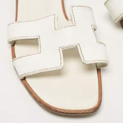 Hermes White Leather Oran Flat Slides Size 37.5