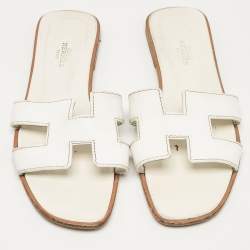 Hermes White Leather Oran Flat Slides Size 37.5