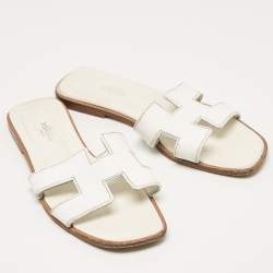 Hermes White Leather Oran Flat Slides Size 37.5
