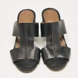 Pre Owned Hermes Black Leather Ostia Slide Sandals Size 36