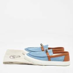 Pre Owned Hermes Blue/Brown Denim and Leather Game Slip on Sneakers Size 40
