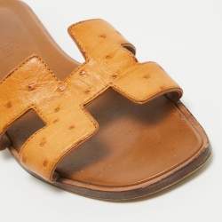 Hermes Brown Ostrich Leather Oran Flat Sandals Size 36