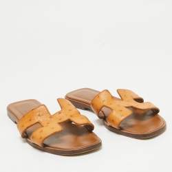 Hermes Brown Ostrich Leather Oran Flat Sandals Size 36