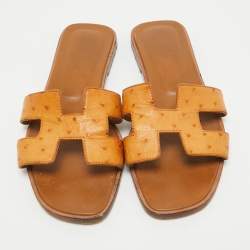 Hermes Brown Ostrich Leather Oran Flat Sandals Size 36