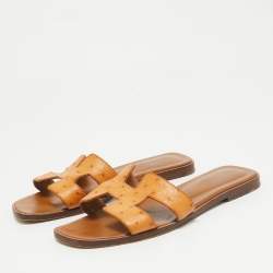 Hermes Brown Ostrich Leather Oran Flat Sandals Size 36