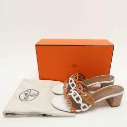 Pre Owned Hermes White/Brown Leather Tandem Slide Sandals Size 37