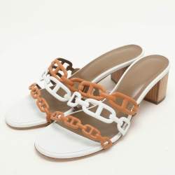 Pre Owned Hermes White/Brown Leather Tandem Slide Sandals Size 37