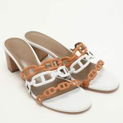 Pre Owned Hermes White/Brown Leather Tandem Slide Sandals Size 37