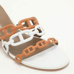 Pre Owned Hermes White/Brown Leather Tandem Slide Sandals Size 37