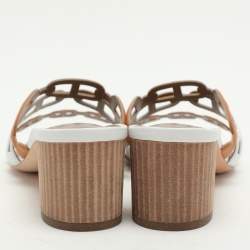 Pre Owned Hermes White/Brown Leather Tandem Slide Sandals Size 37