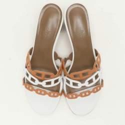 Pre Owned Hermes White/Brown Leather Tandem Slide Sandals Size 37