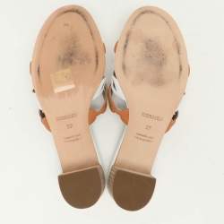 Pre Owned Hermes White/Brown Leather Tandem Slide Sandals Size 37