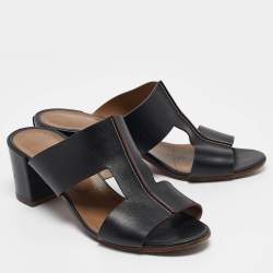 Hermes Black Leather Ostia Slide Sandals Size 40