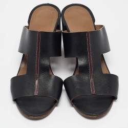 Hermes Black Leather Ostia Slide Sandals Size 40