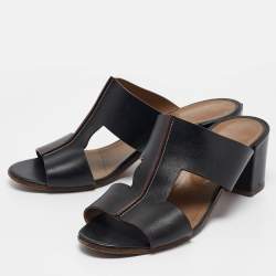 Hermes Black Leather Ostia Slide Sandals Size 40