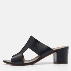 Hermes Black Leather Ostia Slide Sandals Size 40