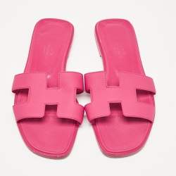 Pre Owned Hermes Pink Leather Oran Flat Slides Size 36