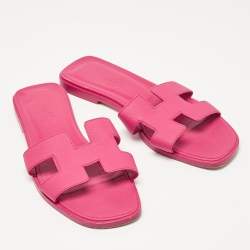 Pre Owned Hermes Pink Leather Oran Flat Slides Size 36