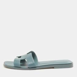 Pre Owned Hermes Grey Leather Oran Flat Slides Size 36.5
