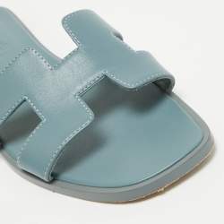 Pre Owned Hermes Grey Leather Oran Flat Slides Size 36.5