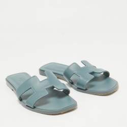 Pre Owned Hermes Grey Leather Oran Flat Slides Size 36.5