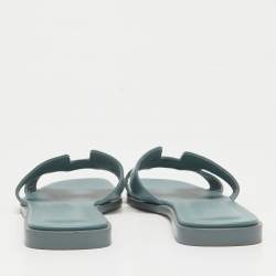 Pre Owned Hermes Grey Leather Oran Flat Slides Size 36.5
