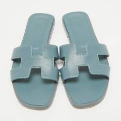 Pre Owned Hermes Grey Leather Oran Flat Slides Size 36.5