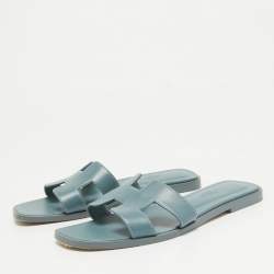 Pre Owned Hermes Grey Leather Oran Flat Slides Size 36.5