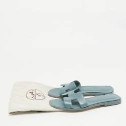 Pre Owned Hermes Grey Leather Oran Flat Slides Size 36.5