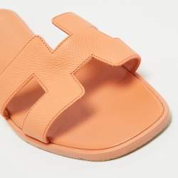 Hermes Light Orange Leather Oran Flat Slides Size 36.5