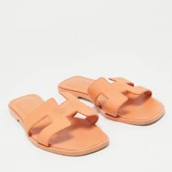 Hermes Light Orange Leather Oran Flat Slides Size 36.5