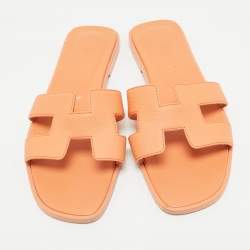Hermes Light Orange Leather Oran Flat Slides Size 36.5