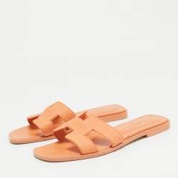 Hermes Light Orange Leather Oran Flat Slides Size 36.5
