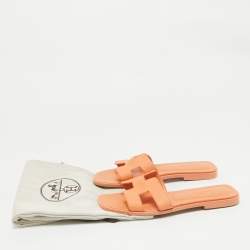 Hermes Light Orange Leather Oran Flat Slides Size 36.5