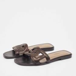 Hermes Brown Leather Aloha Flat Slides Size 36
