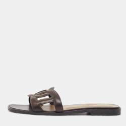 Hermes Brown Leather Aloha Flat Slides Size 36