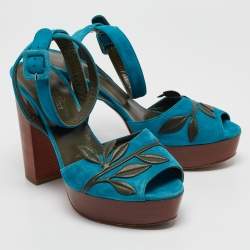Pre Owned Hermes Blue Suede Ankle Strap Sandals Size 40