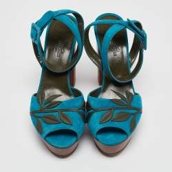 Pre Owned Hermes Blue Suede Ankle Strap Sandals Size 40