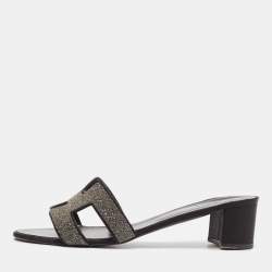 Pre Owned Hermes Silver/Black Glitter and Satin Oasis Slide Sandals Size 41