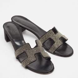 Pre Owned Hermes Silver/Black Glitter and Satin Oasis Slide Sandals Size 41