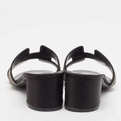 Pre Owned Hermes Silver/Black Glitter and Satin Oasis Slide Sandals Size 41