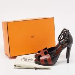 Pre Owned Hermes Black/Brown Leather Initiale Sandals Size 40