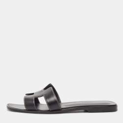Hermes Black Leather Oran Flat Slides Size 38